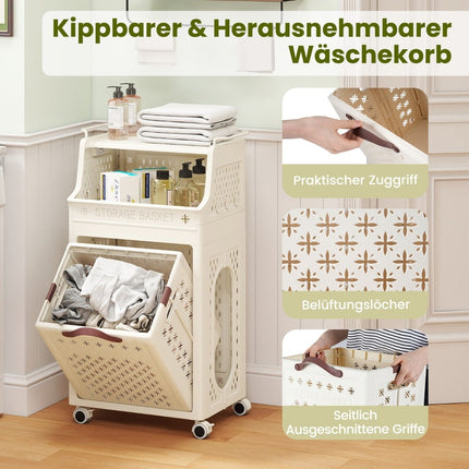 Rolling Laundry Basket with Shelf, Foldable, Beige, 30L