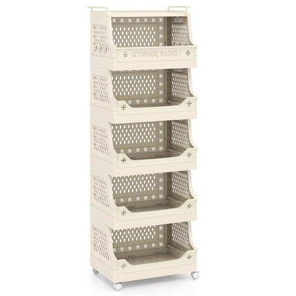 Rolling Laundry Cart with Handles & Hooks, 6-Tier Stackable Storage