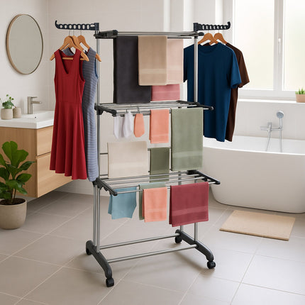 Rolling Laundry Rack with Foldable Wings and Hangers