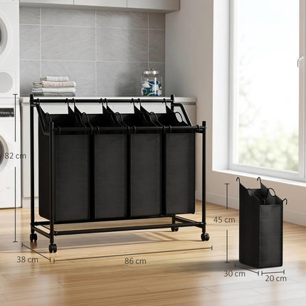 Rolling Laundry Sorter with 4 Removable Bags, Black, 108L