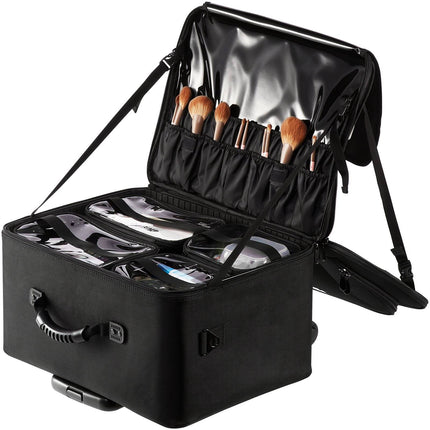 Rolling Makeup Train Case, 3-Tier, Waterproof, Wheels, Black
