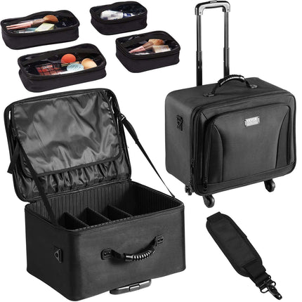 Rolling Makeup Train Case, 3-Tier, Waterproof, Wheels, Black