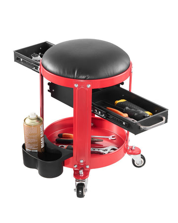 Rolling Mechanic Stool, 300 lb Capacity, 2 Drawers, Red