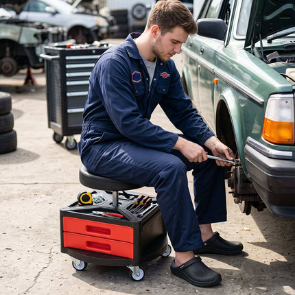 Rolling Mechanic Stool with Cushioned Seat & Tool Trays