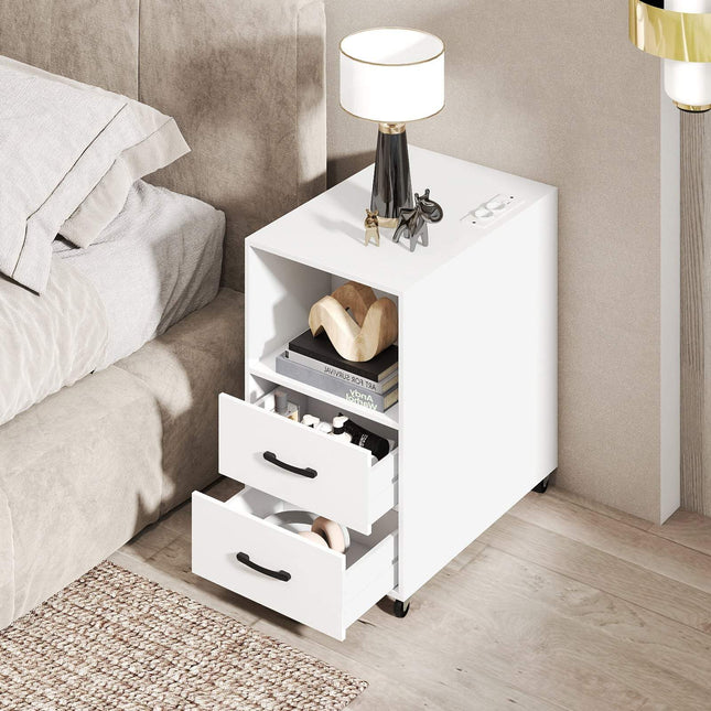 Rolling Nightstand with Charging Station & Storage Shelves