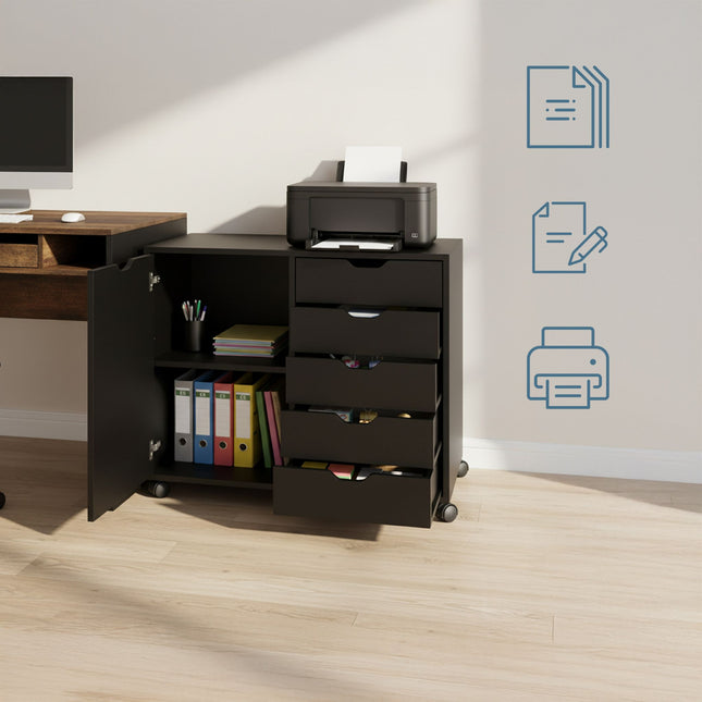 Rolling Office Cart with 5 Drawers & 2 Shelves