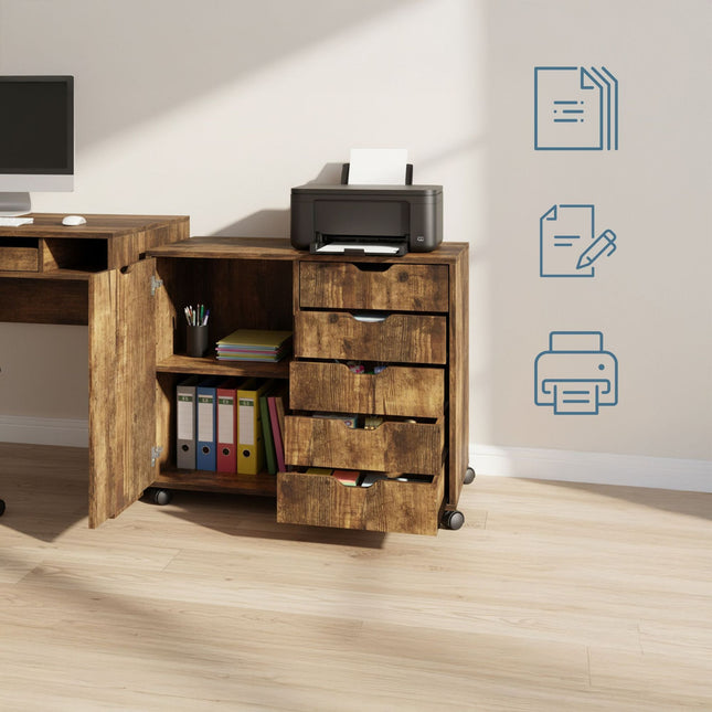 Rolling Office Cart with 5 Drawers & 2 Shelves