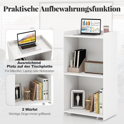 Rolling Podium Stand with 2 Shelves, 4 Wheels, White