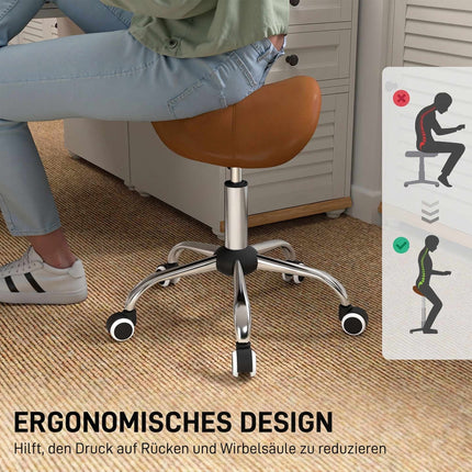 Rolling Saddle Stool Height Adjustable 49-61 cm, 360° Swivel, Brown
