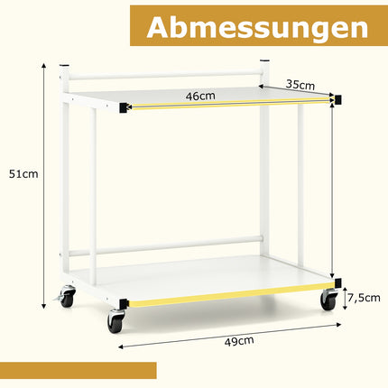 Rolling Side Table with 2 Shelves, C-Shaped, White