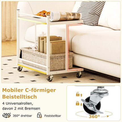 Rolling Side Table with 2 Shelves, C-Shaped, White