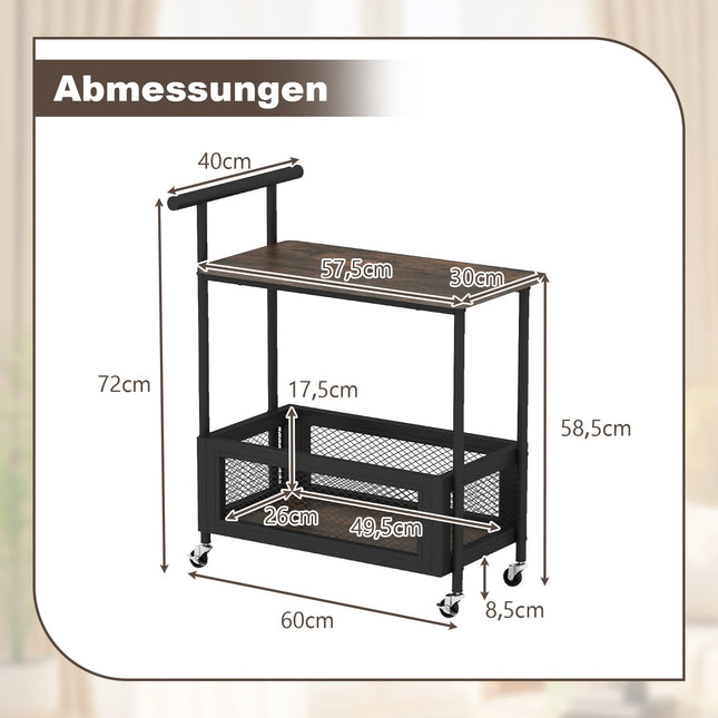 Rolling Side Table with Handle, 2-Tier Storage, Black