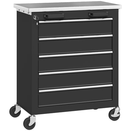 Rolling Steel Tool Cabinet, 5 Drawers, Silver/Black