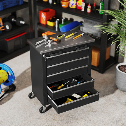 Rolling Steel Tool Cabinet, 5 Drawers, Silver/Black