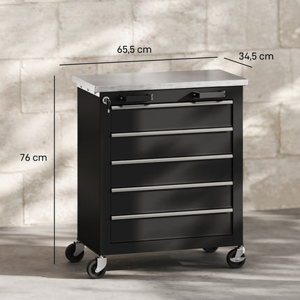 Rolling Steel Tool Cabinet, 5 Drawers, Silver/Black