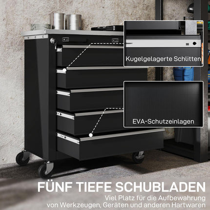 Rolling Steel Tool Cabinet, 5 Drawers, Silver/Black