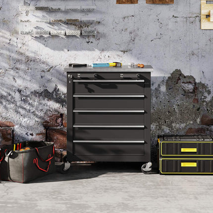 Rolling Steel Tool Cabinet, 5 Drawers, Silver/Black