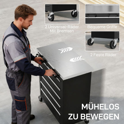 Rolling Steel Tool Cabinet, 5 Drawers, Silver/Black
