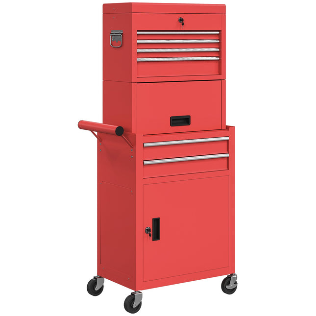 Rolling Steel Tool Cabinet, Lockable, 6 Drawers, 2 Cabinets, Red