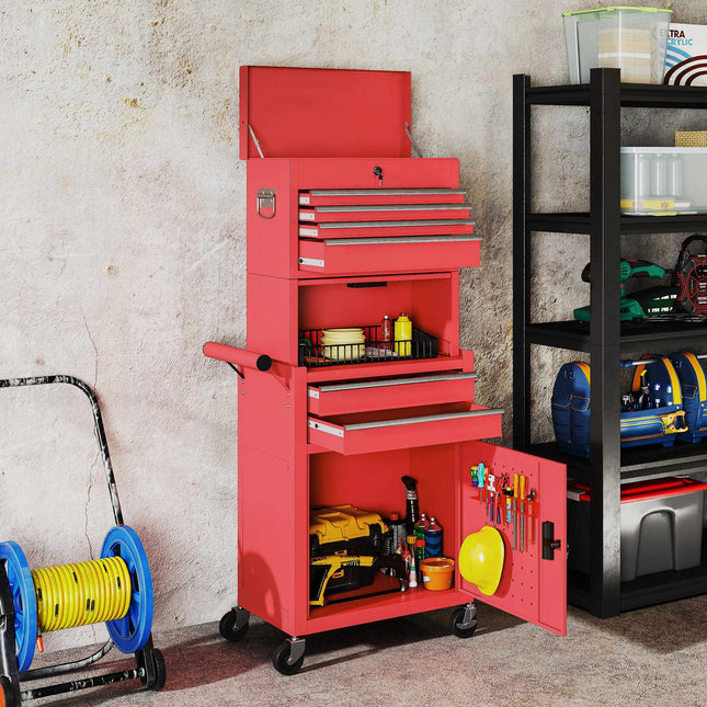 Rolling Steel Tool Cabinet, Lockable, 6 Drawers, 2 Cabinets, Red
