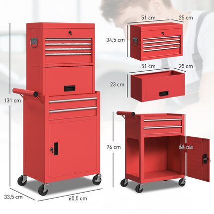 Rolling Steel Tool Cabinet, Lockable, 6 Drawers, 2 Cabinets, Red