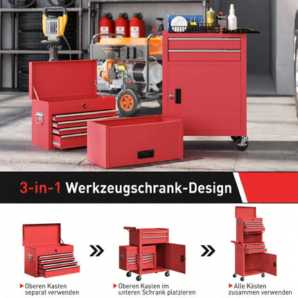Rolling Steel Tool Cabinet, Lockable, 6 Drawers, 2 Cabinets, Red