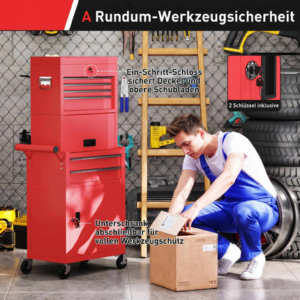 Rolling Steel Tool Cabinet, Lockable, 6 Drawers, 2 Cabinets, Red