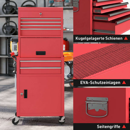 Rolling Steel Tool Cabinet, Lockable, 6 Drawers, 2 Cabinets, Red