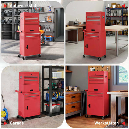 Rolling Steel Tool Cabinet, Lockable, 6 Drawers, 2 Cabinets, Red