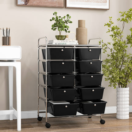 Rolling Storage Cart with 10 Drawers, Black, Metal Frame