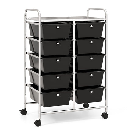 Rolling Storage Cart with 10 Drawers, Black, Metal Frame