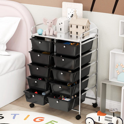 Rolling Storage Cart with 10 Drawers, Black, Metal Frame