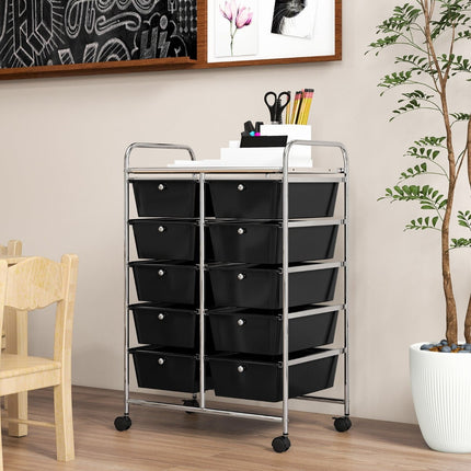 Rolling Storage Cart with 10 Drawers, Black, Metal Frame