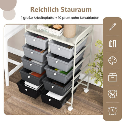 Rolling Storage Cart with 10 Drawers, Lockable Wheels