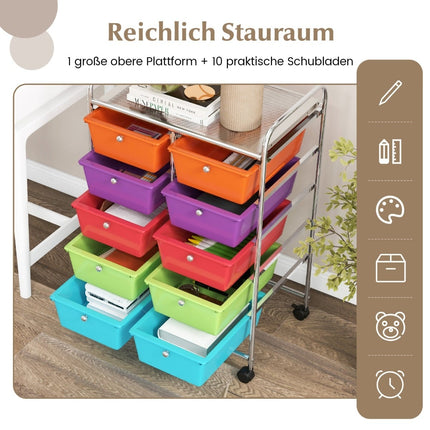 Rolling Storage Cart with 10 Drawers, Lockable Wheels