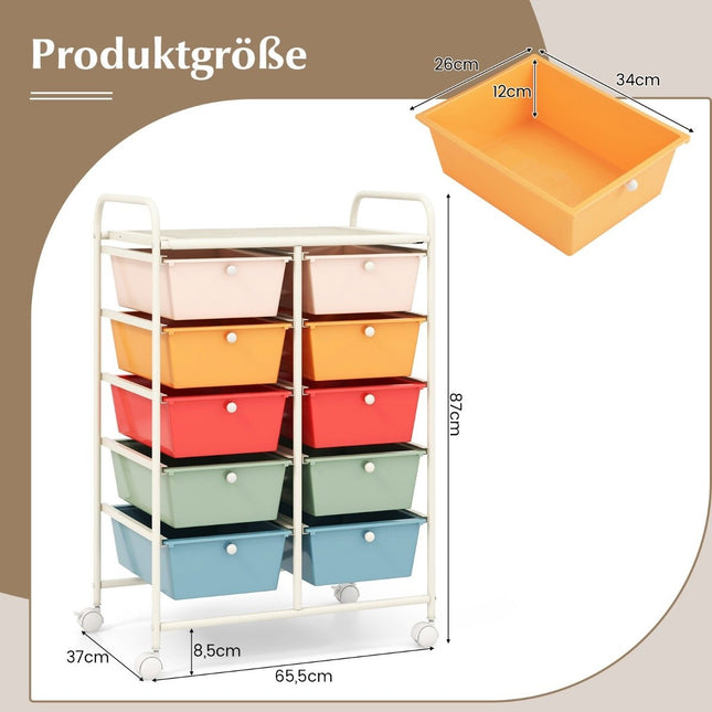 Rolling Storage Cart with 10 Drawers, Multi-Color
