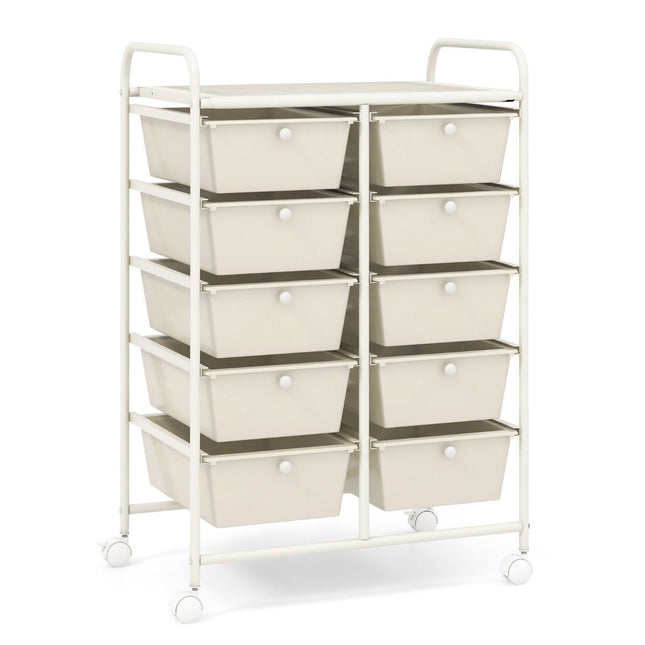 Rolling Storage Cart with 10 Drawers, White, Mobile Organizer