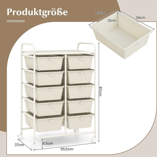 Rolling Storage Cart with 10 Drawers, White, Mobile Organizer