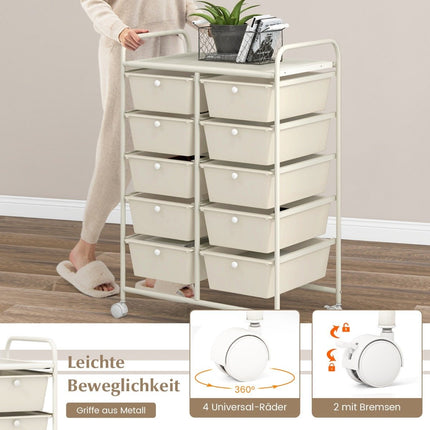 Rolling Storage Cart with 10 Drawers, White, Mobile Organizer