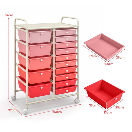 Rolling Storage Cart with 15 Drawers, Pink, 63x37x87 cm