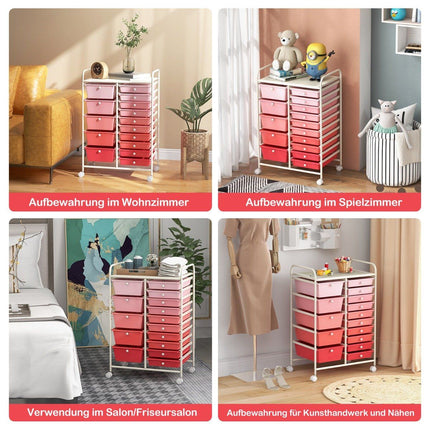 Rolling Storage Cart with 15 Drawers, Pink, 63x37x87 cm