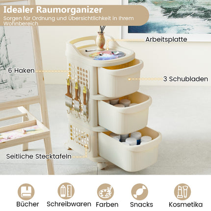 Rolling Storage Cart with 3 Drawers & Pegboard Hooks