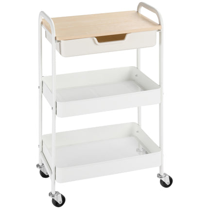 Rolling Storage Cart with Shelves and Drawer, White Steel