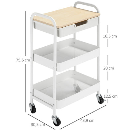 Rolling Storage Cart with Shelves and Drawer, White Steel