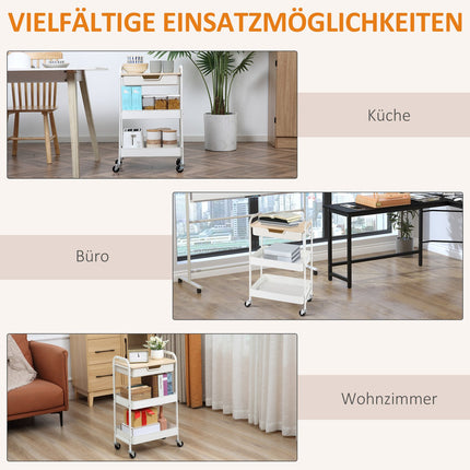 Rolling Storage Cart with Shelves and Drawer, White Steel