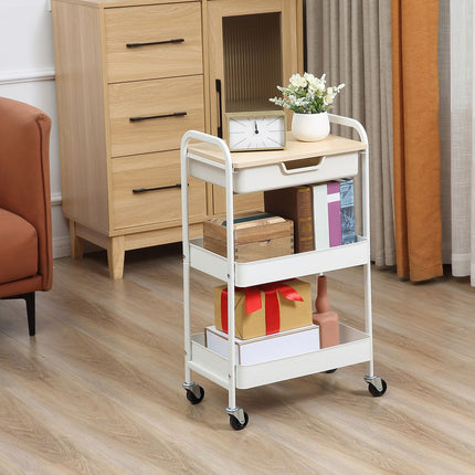 Rolling Storage Cart with Shelves and Drawer, White Steel