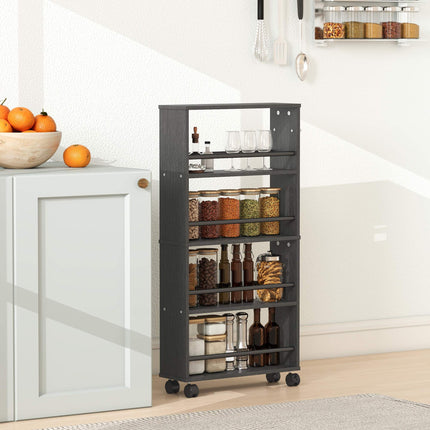 Rolling Storage Shelf, Narrow Design, 4 Tiers, 45x15x91 cm, Black