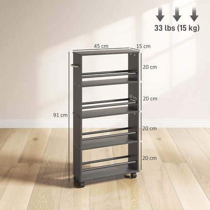 Rolling Storage Shelf, Narrow Design, 4 Tiers, 45x15x91 cm, Black