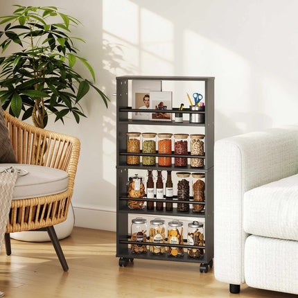 Rolling Storage Shelf, Narrow Design, 4 Tiers, 45x15x91 cm, Black