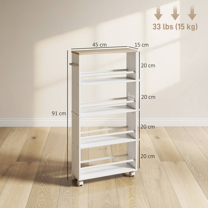 Rolling Storage Shelf, Narrow Design, 4 Tiers, 45x15x91 cm